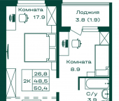 2-комн, 50 кв м, этаж 8/8 ул Алтайская, 2Г