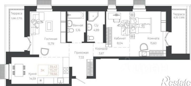 3-комн квартира в новом доме Майминский район, село Майма