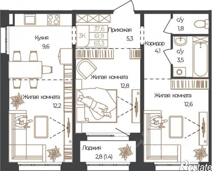 3-комн квартира в новом доме Майминский район, село Майма